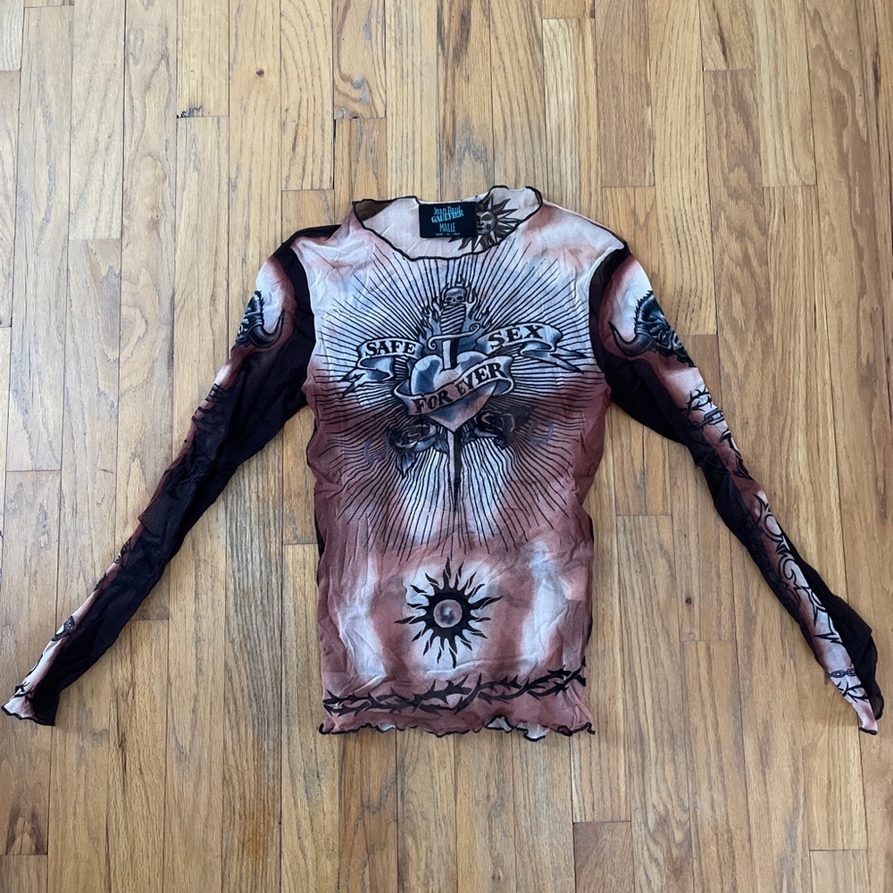 Vintage Jean Paul Gaultier mesh tattoo shirt.  Incredibly rare. Reinventable.
